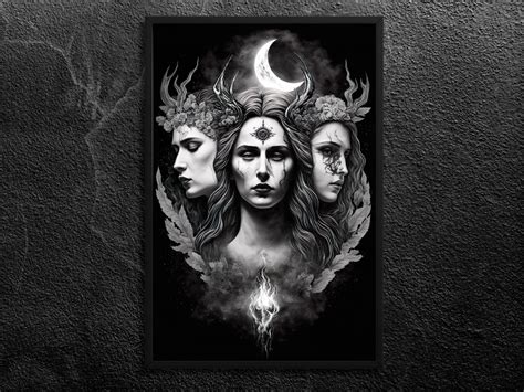 Triple Form Goddess Hecate Portrait Ii Gothic Monochrome Illustration