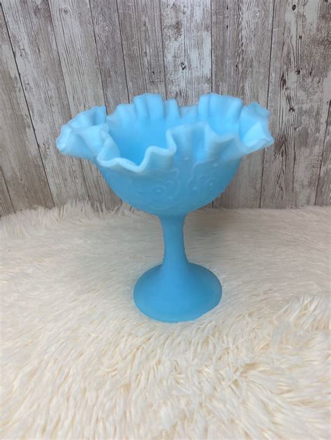 Vintage Fenton Blue Satin Finish Milk Glass Ruffled Candy Dish Etsy