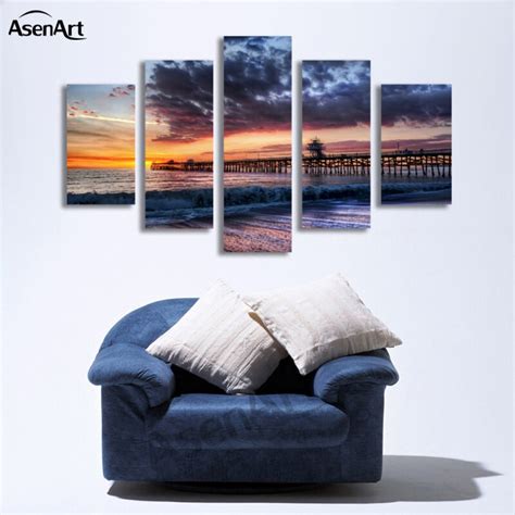 5 Panel Seaside Walkway Sunset Painting Wall Art Canvas Prints Picture