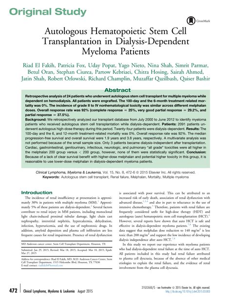 Pdf Autologous Hematopoietic Stem Cell Transplantation In Dialysis