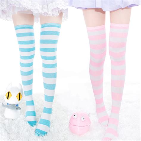 1pair New Women Girls Over Knee Long Stripe Printed Thigh High Striped