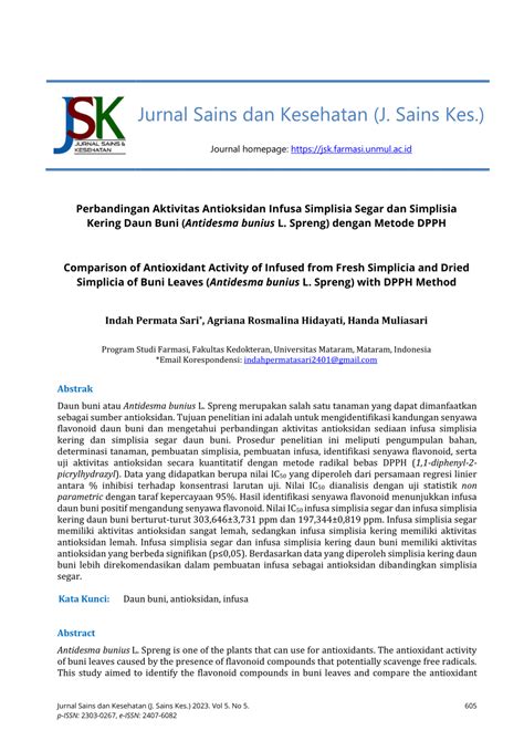 PDF Perbandingan Aktivitas Antioksidan Infusa Simplisia Segar Dan