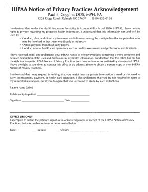 Fillable Online HIPAA Acknowledgement Form Paul E Coggins DDS MPH