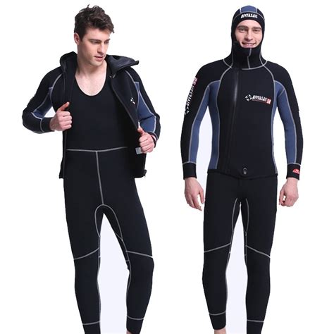 Mens 2pcs 5mm Neoprene Hooded Fullsuit Diving Suit Keep Warm Rash