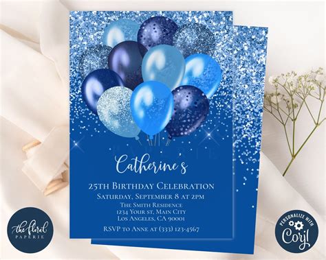 Shades Of Blue Birthday Invitation Template Editable Blue Birthday Invitations Balloons