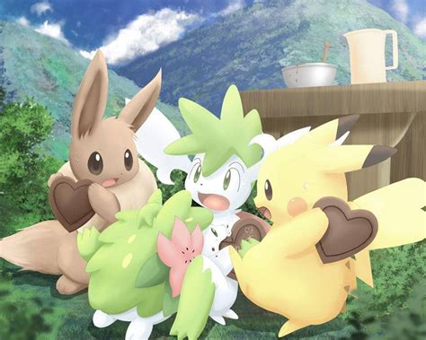 Download Shaymin Playing Pikachu Eevee Wallpaper