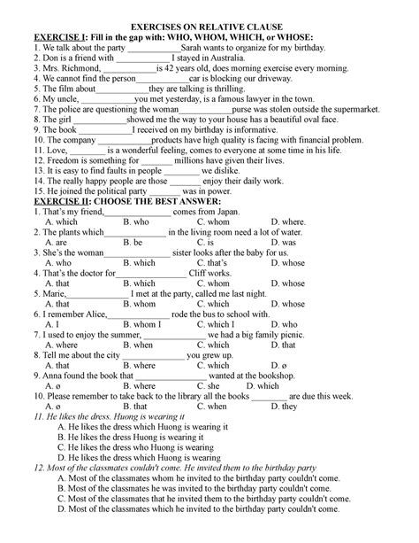 Exercises On Relative Clauses Exercises On Relative Clause Exercise I Fill In The Gap With