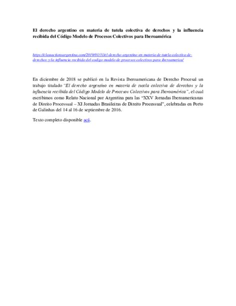 Pdf El Derecho Argentino En Materia De Tutela Colectiva De Derechos Y