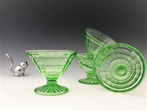 Hocking Glass Block Optic Pattern Set Of 4 Uranium Glass Sherbets Green Depression Glass