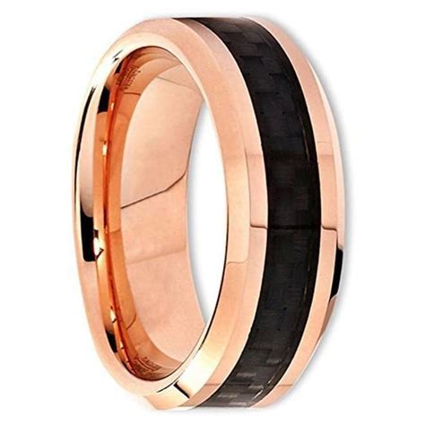 Mens Rose Gold Tungsten Wedding Band Black Carbon Fiber Beveled Edge 6mm And 8mm The Artisan Rings