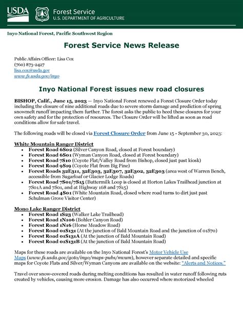 Inyo National Forest Service Issues New Road Closures Sierra Wave