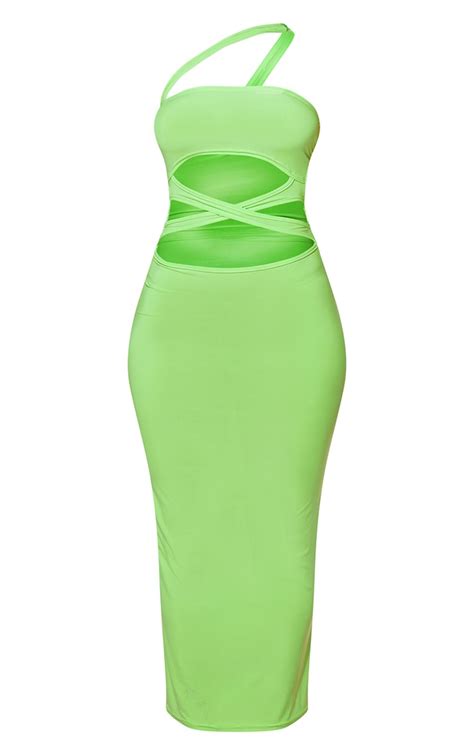 Lime Slinky Asymmetric Strap Cut Out Midaxi Dress Prettylittlething Usa