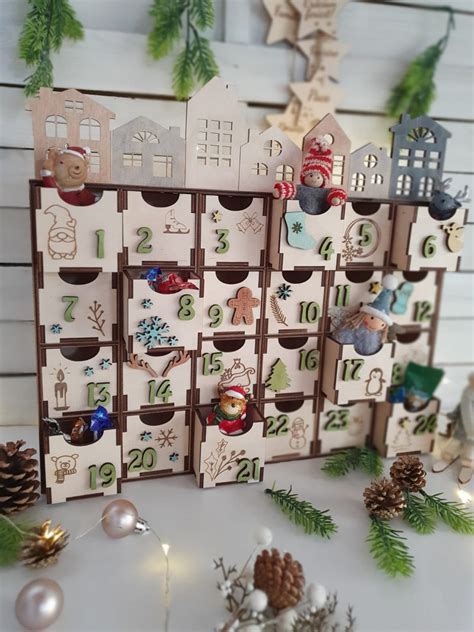 Digital File Christmas Wooden Advent Calendar With Drawers And Houses