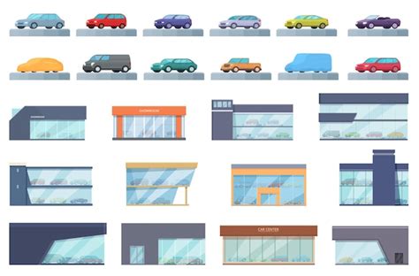 Premium Vector Car Showroom Icons Set Cartoon Vector Building Dealer