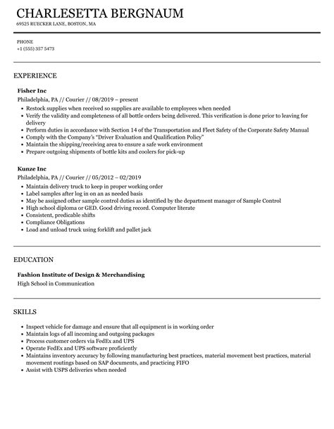 Courier Resume Samples Velvet Jobs