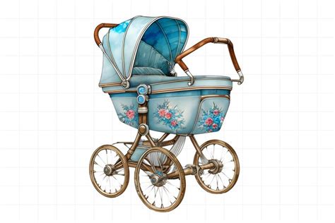 Vintage watercolor blue baby stroller illustration (2563303)