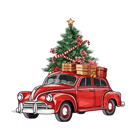 Red Retro Car Carries A Christmas Tree With T Boxes On The Roof