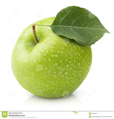 Manzana Verde Con La Hoja Aislada En Un Blanco Imagen De Archivo