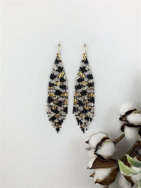 Black Nude Gold And Silver Boho Beaded Earrings Abstract Seed Bead
