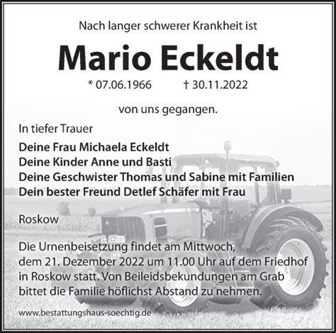 Traueranzeigen von Mario Eckeldt Märkische Onlinezeitung Trauerportal