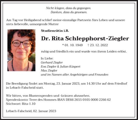 Traueranzeigen Von Rita Schlepphorst Ziegler Saarbruecker Zeitung