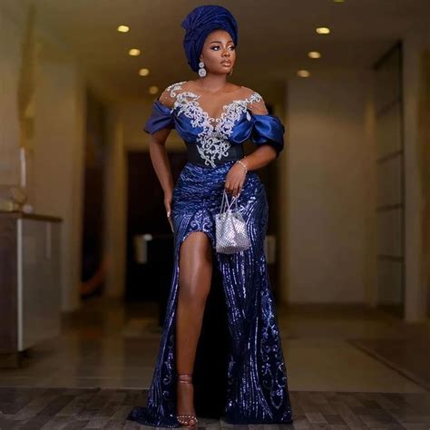 Aso Ebi African Royal Blue Prom Dresses Tea Length Lace Short Evening