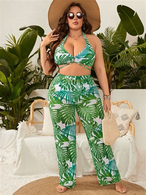 Shein Swim Vcay Plus Pcs Tropical Print Halter Bikini Swimsuit With