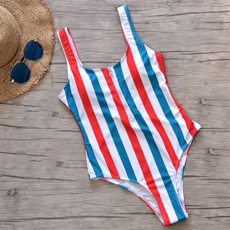 New Red White Blue Striped Swimwear One Piece Swimsuit Women