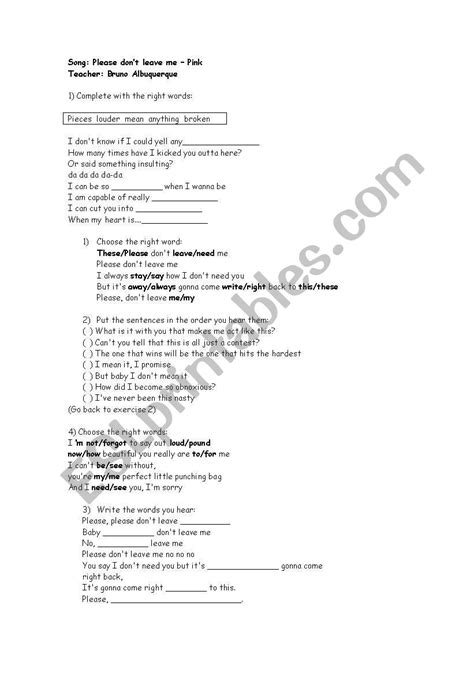 song: please don´t leave me - pink - ESL worksheet by bruno_18