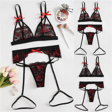 Cfxnmzgr Intimates For Women Red Rose Lace Embroidery Lingerie