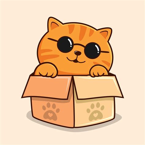 Striped Orange Cat In Box Cartoon Waving Hand Cute Orange Tabby Pussy Cat With Glasses Cool