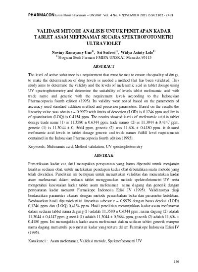 Validasi Metode Analisis Untuk Penetapan Kadar Tablet Asam Mefenamat