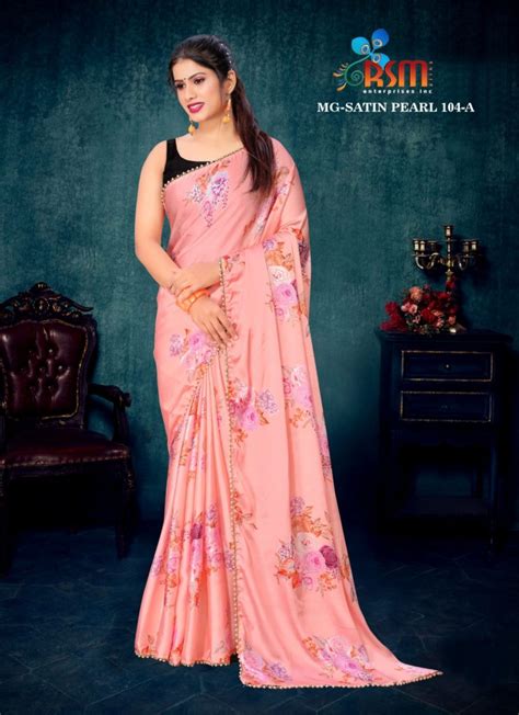 Satin Floral Saree With Pearl Border In Pink Rsm Silks Online