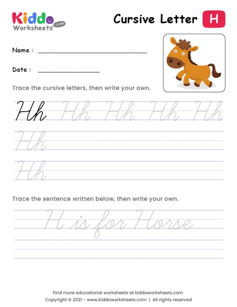 Free Printable Cursive Writing Letter H Worksheet Kiddoworksheets