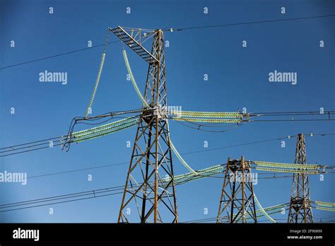 High Voltage Transmission Line Electric Tower With Glass Insulators On