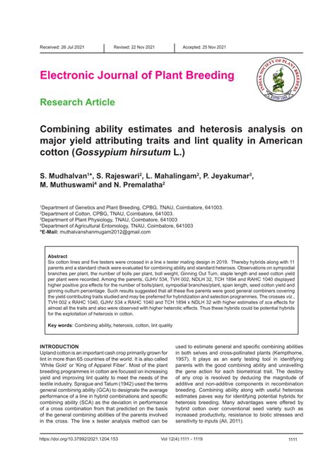 Pdf Electronic Journal Of Plant Breeding Combining Ability Estimates