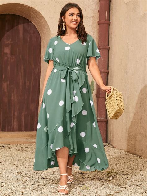 Plus Polka Dot Print V Neck Wrap Hem Belted Dress