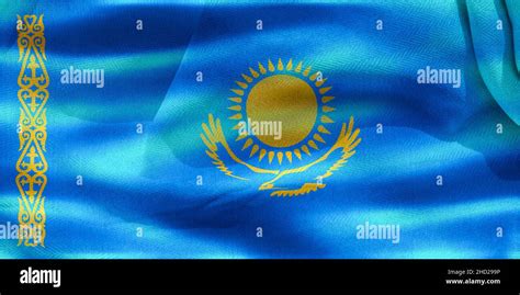 A 3D Illustration Of The Realistic Waving Fabric Flag Of Kazakhstan