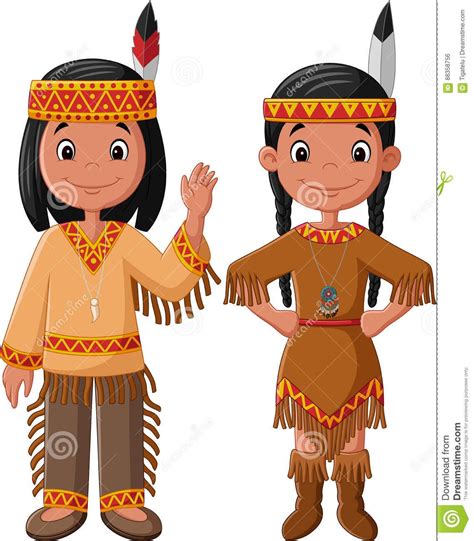 Cartoon Couple Native Indian American With Traditional Costume American Indian Girl Native