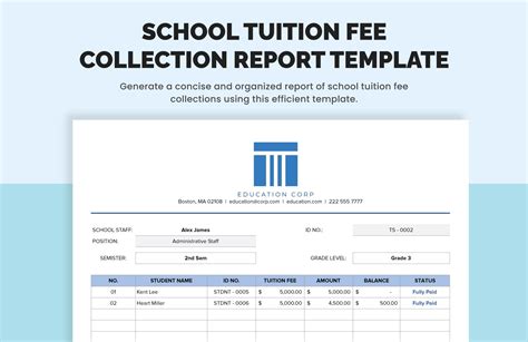 School Tuition Fee Collection Report Template In Excel Google Sheets