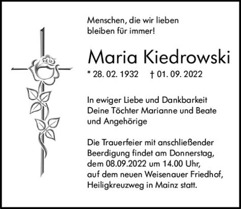 Traueranzeigen Von Maria Kiedrowski Vrm Trauer De