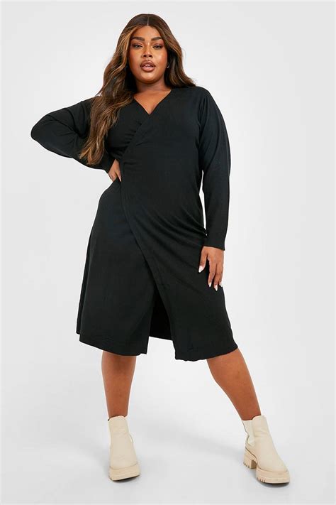 Plus Knitted Wrap Midi Dress Boohoo Usa