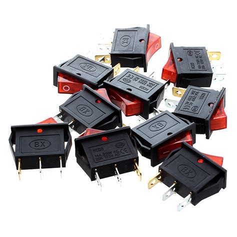 10 Pcs 3 Pin SPST Red Neon Light On Off Rocker Switch AC 250V 10A 125V