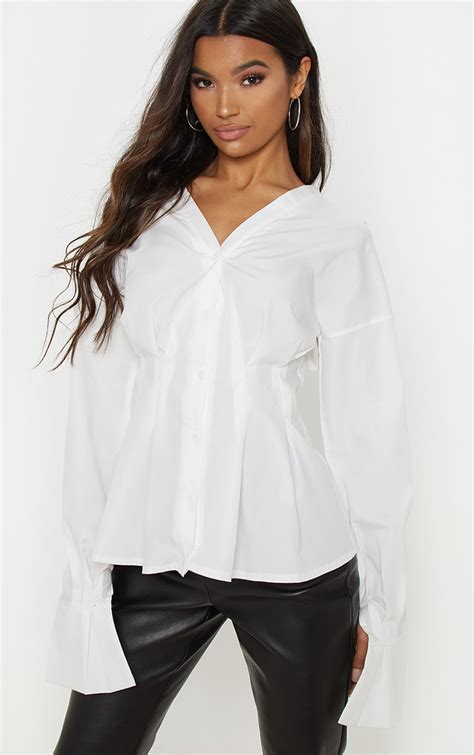 Chemise Oversized Blanche Froncée Tops Prettylittlething Fr