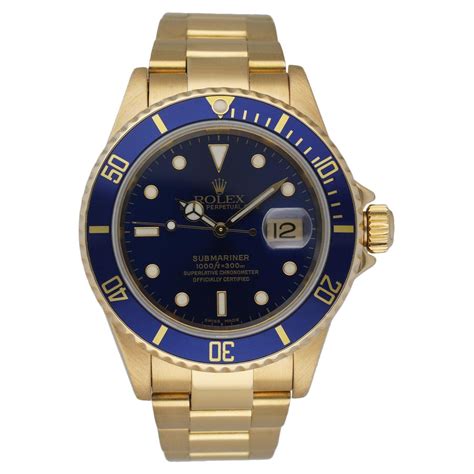 Rolex Yellow Gold Submariner Blue Dial Wristwatch Ref 16618 At 1stdibs