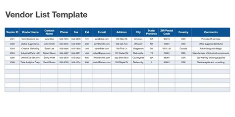 vendor list template   excel google sheets