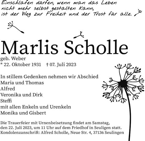 Traueranzeigen Von Marlis Scholle Trauer Anzeigen De