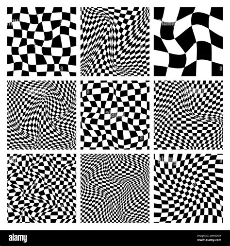 Trendy Checkered Pattern Black And White Distorted Tiled Grid Wavy