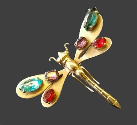 Dragonfly Brooch Gold Tone Metal Rhinestones Kaleidoscope Effect