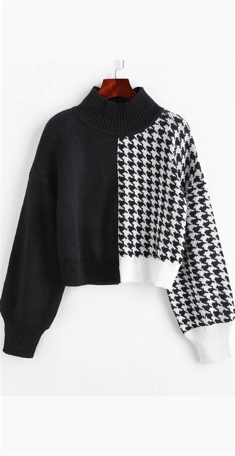 Mock Neck Houndstooth Colorblock Jumper Sweater Houndstooth Sweater